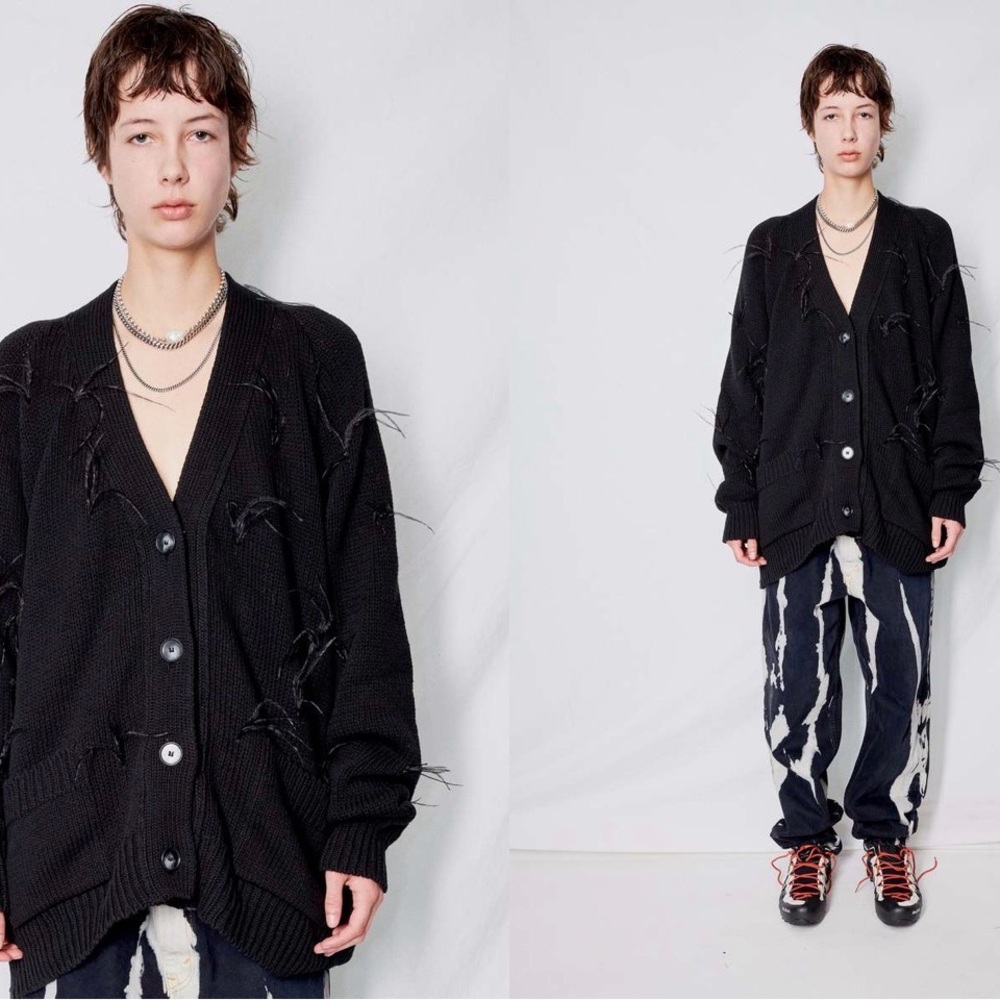 Marques Almeida Oversized Black Cardigan with Ostrich Feathers Medium | S594